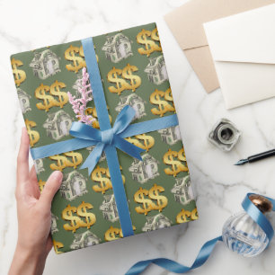 Papier Cadeau Maisons d'argent et panneaux de dollars d'or