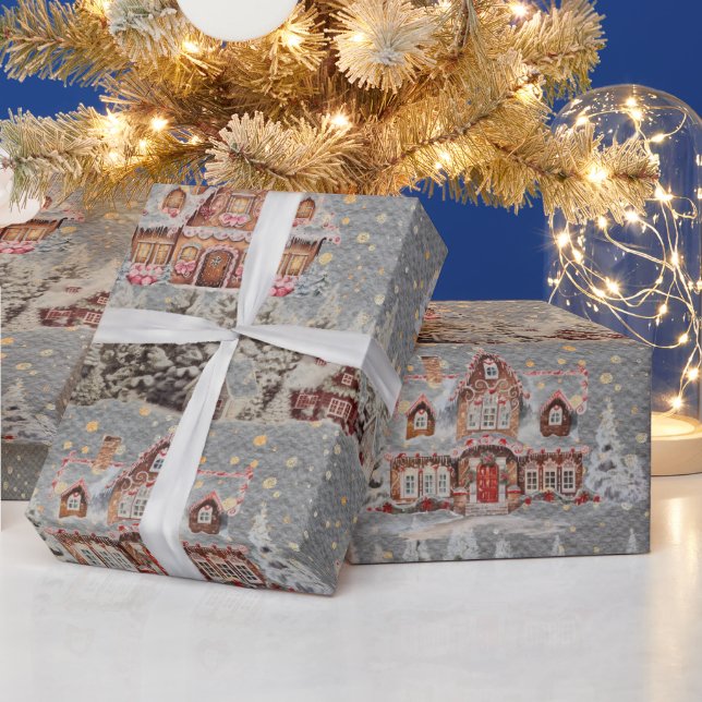 Papier Cadeau Maisons de Noël décorées en Gris d'Acier de Neige (Vacances)
