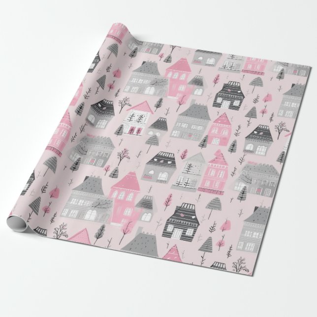 Papier Cadeau Maisons de Noël grises blanches sur fond rose (Déroulé)