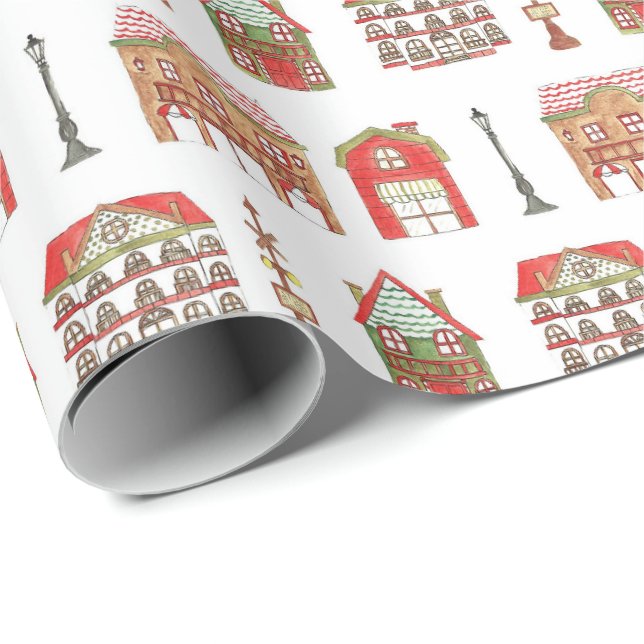 Papier Cadeau Maisons de Noël Maisons Papiers à envelopper (Coin rond)