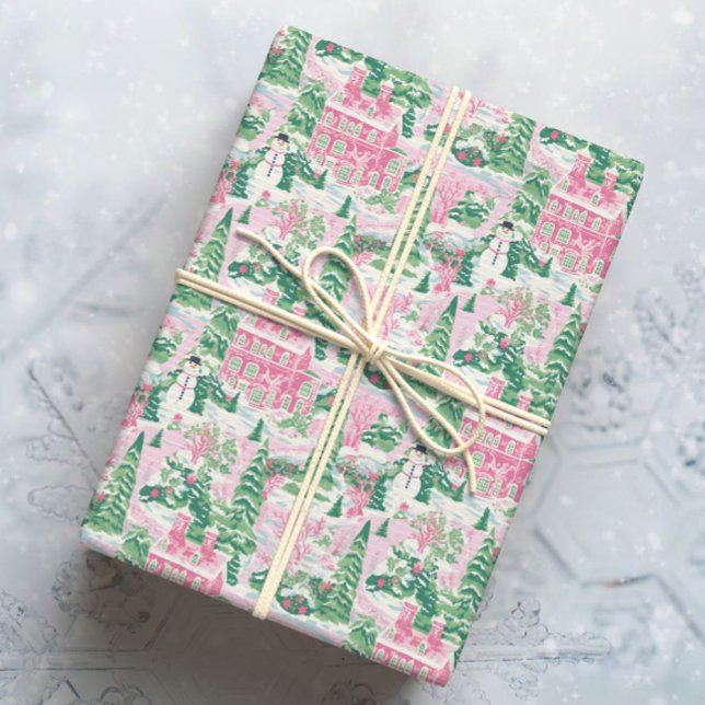 Papier Cadeau Maisons de Noël rose et vert neige (Créateur téléchargé)