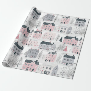 Papier Cadeau Maisons de Noël rose gris blanc