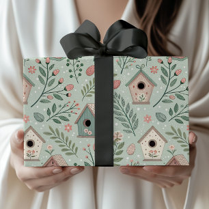 Papier Cadeau Maisons de oiseaux pastel vintage avec floraisons 