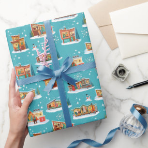 Papier Cadeau Maisons modernes du milieu du siècle Noël Aqua 4