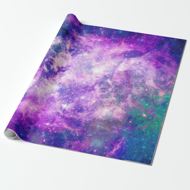 Papier Cadeau Majestic Teal Purple Starry Space Nebula (Déroulé)