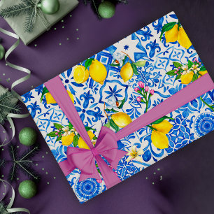 Papier Cadeau Majolique Méditerranéenne Citron Sicilien Bleu