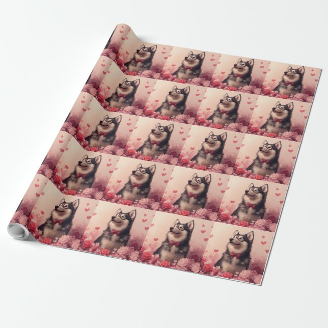 Papier Cadeau Malamute d'Alaska avec des Roses - Saint-Valentin  (Déroulé)