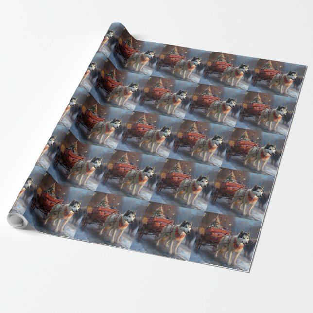Papier Cadeau Malamute d'Alaska Saison de Noël festive (Déroulé)