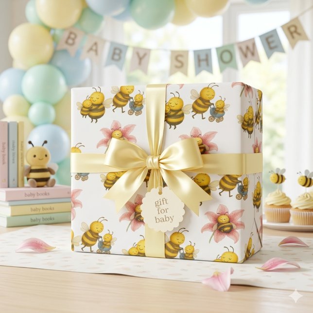 Papier Cadeau Maman bourdon mignonne et bébé abeille  (cute bumblebees wrapping paper for baby showers and mom to bee gifts )