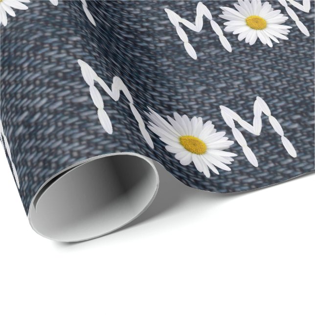 Papier Cadeau Maman Daisy sur denim bleu (Coin rond)
