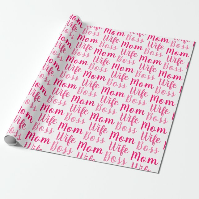 Papier Cadeau Maman femme patron rose blanc script personnalisé  (Déroulé)