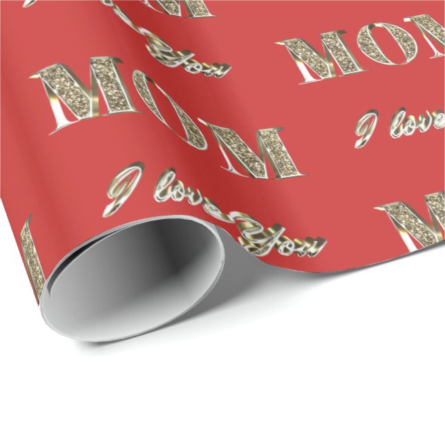 Papier Cadeau Maman Je T'Aime Rouge Or Étincelle Typographie (Coin rond)