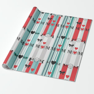 Papier Cadeau Maman Rétro Joyeuse avec Cœurs & Rayures Turquoise
