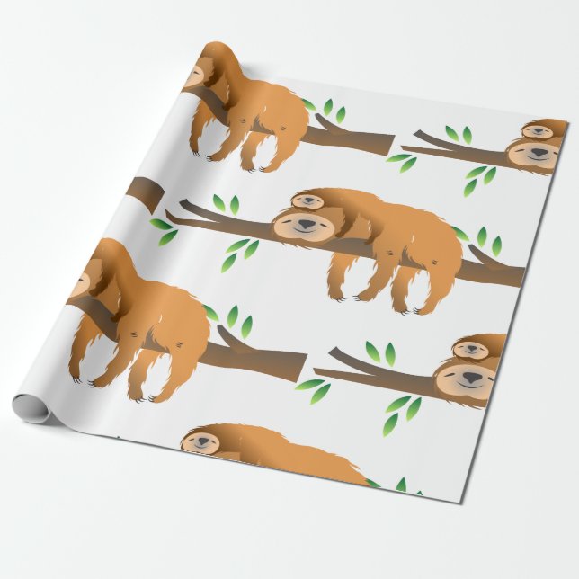 Papier Cadeau Maman Sloth et bébé reposant sur une branche d'arb (Déroulé)