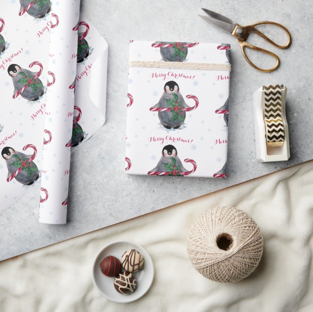 Papier Cadeau Manchot aquarelle Joyeux Noël (Artisanat)