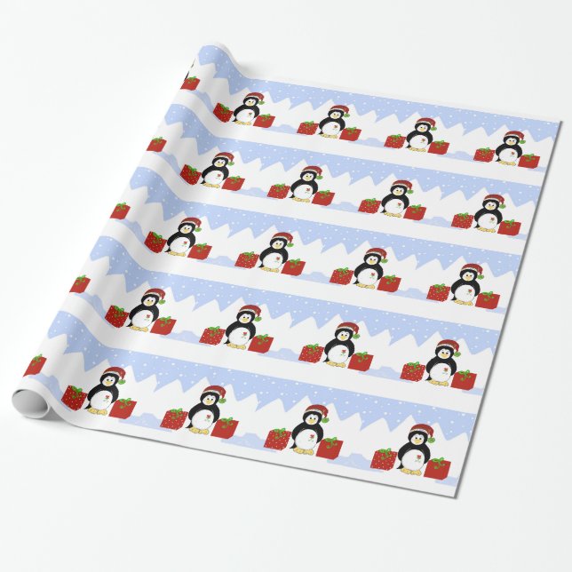 Papier Cadeau Manchot cool avec des paquets de Noël (Déroulé)