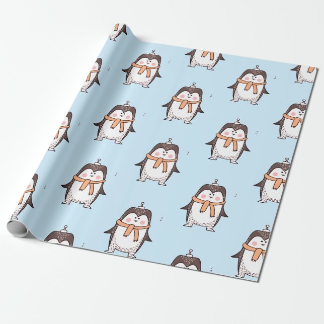 PAPIER CADEAU MANCHOT MIGNON BLEU CLAIR (Déroulé)