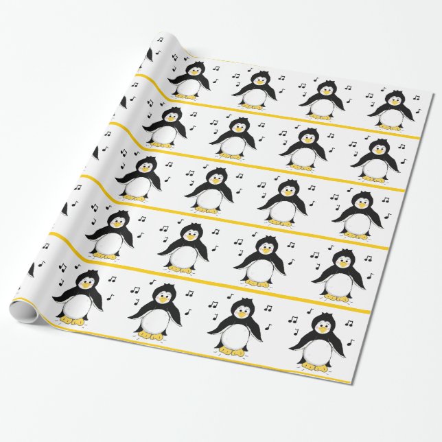 Papier Cadeau Manchots avec Notes de Musique (Déroulé)