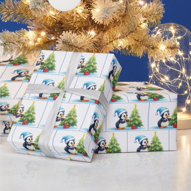 Papier Cadeau Manchots de Noël à l'aquarelle (Vacances)
