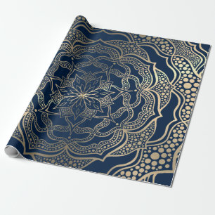 Papier Cadeau Mandala Art Boho Elegant Gold Navy Bleu Noël