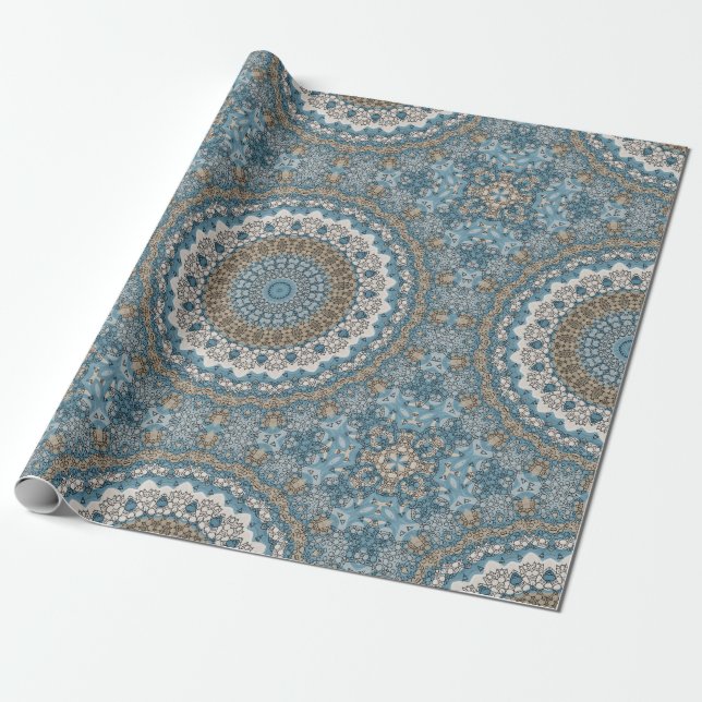 Papier Cadeau Mandala bleu et marron Motif géométrique complexe (Déroulé)