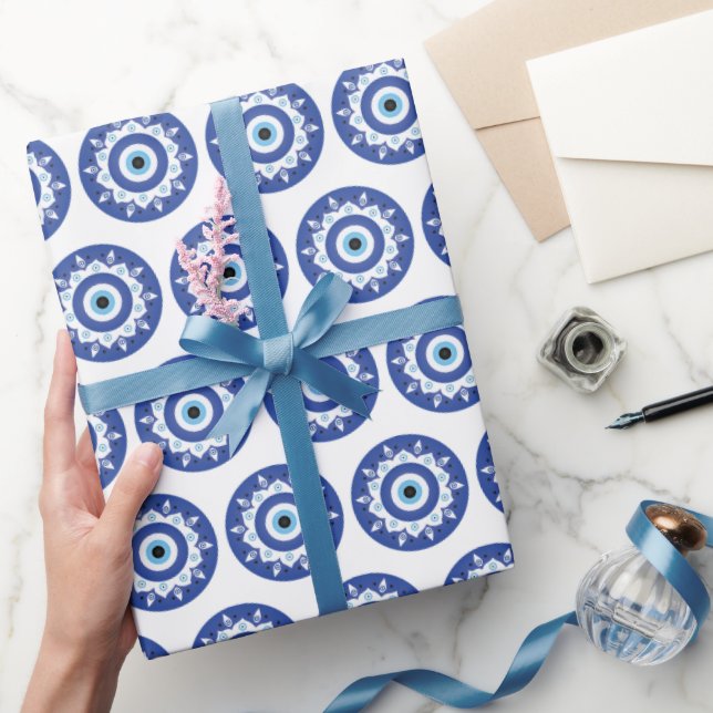 Papier Cadeau Mandala Grec Mal Eye Motif Bleu Blanc (Cadeaux)