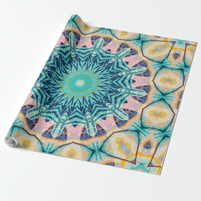 Papier Cadeau Mandala jaune-orange, menthe et rose. (Déroulé)