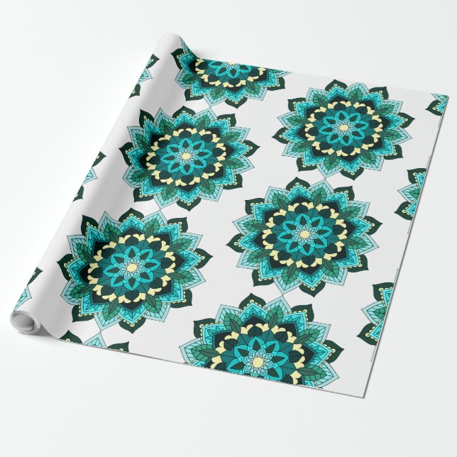 Papier Cadeau Mandala Motif 02 en aqua (Déroulé)