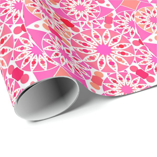 Papier Cadeau Mandala motif, tons rose et corail (Coin rond)