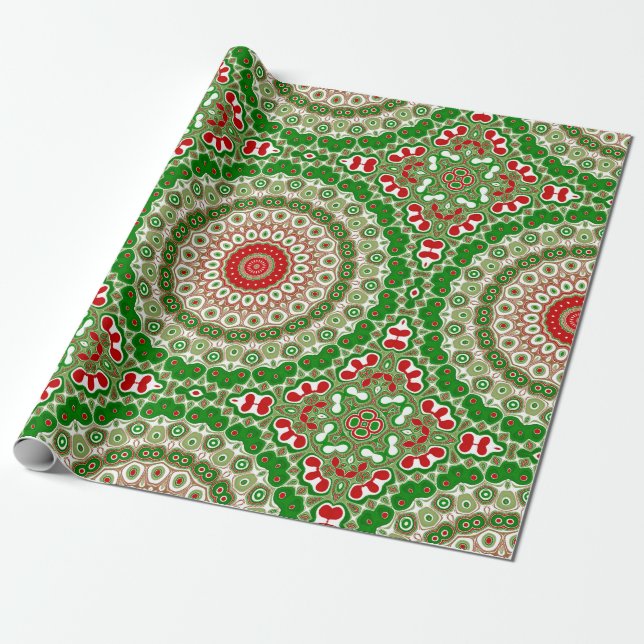 Papier Cadeau Mandala rouge et vert avec Symétrie de vacances (Déroulé)