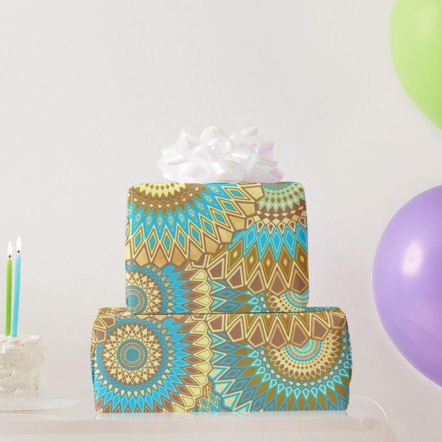 Papier Cadeau Mandala superposé bleu marron or (Cadeaux de fête)