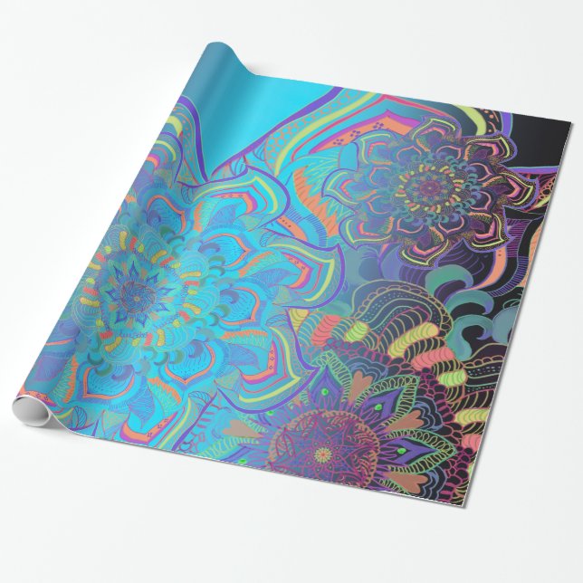 Papier Cadeau Mandala Trois calques en bleu (Déroulé)