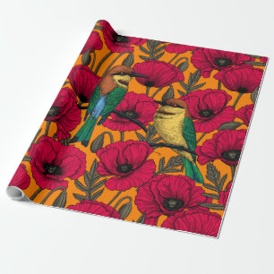 Papier Cadeau Mangeurs d'abeilles et pavots sur orange
