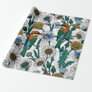Papier Cadeau Mangeurs d'abeilles, papillons bleus et marguerite