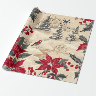 Papier Cadeau Manoir Cottagecore Noël Poinsettia Rouge Crème