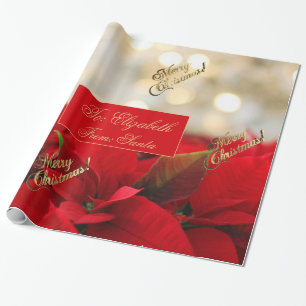 Papier Cadeau Manuscrit floral d'or de Faux de Noël rouge de
