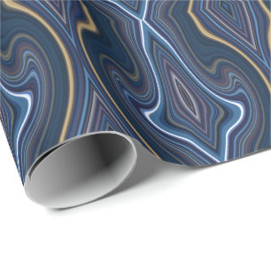Papier Cadeau Marbre Agate Bleu Or Swirling Chic Motif
