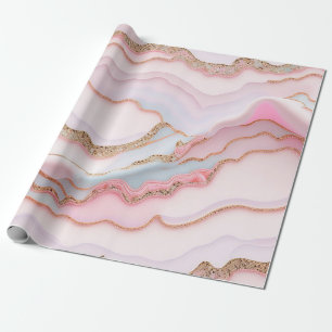 Papier Cadeau Marbre Agate Moderne Bleu Rose Collection Or