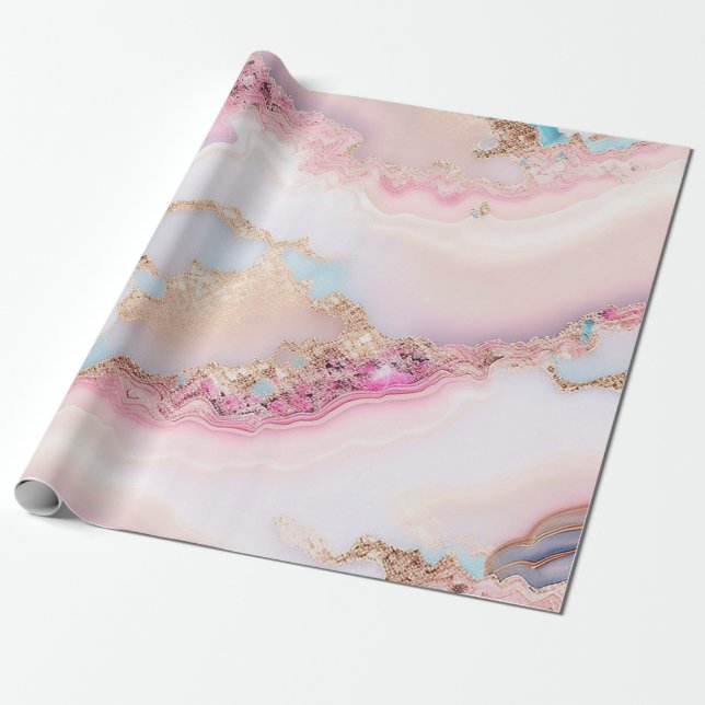 Papier Cadeau Marbre Agate Populaire Blue Rose Gold Collection (Déroulé)