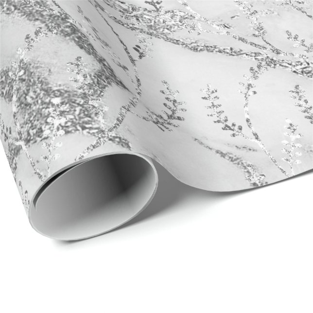 Papier Cadeau Marbre Argent gris blanc Floral Laurel (Coin rond)