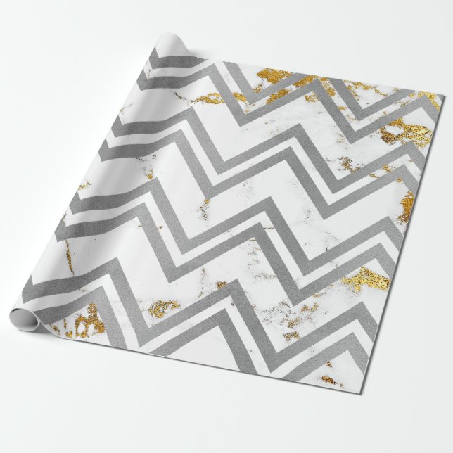 Papier Cadeau Marbre argenté gris or Carrara Chevron Zig Zag (Déroulé)