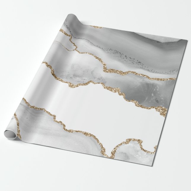 Papier Cadeau Marbre Blanc Agate Raffiné Paillettes Dorées (Déroulé)