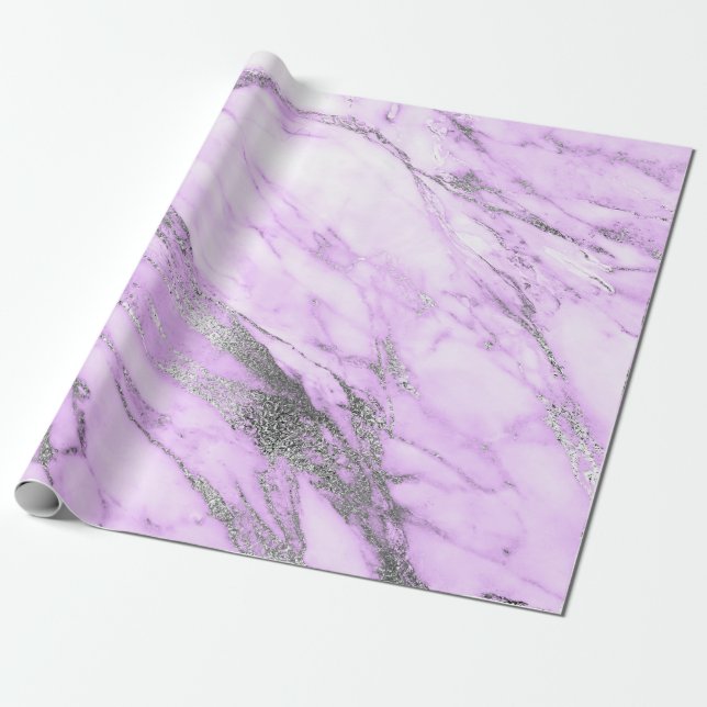 Papier Cadeau Marbre blanc argenté violet gris brillant (Déroulé)