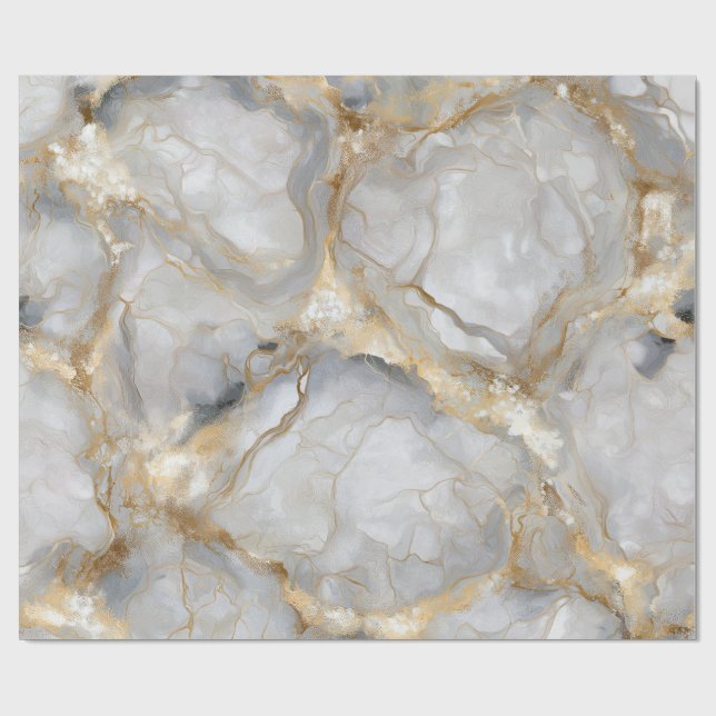 Papier Cadeau Marbre Blanc avec Veines Dorées (Plat)
