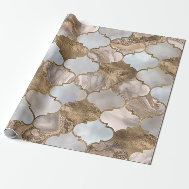 Papier Cadeau Marbre blanc de treillis marocain et or (Déroulé)