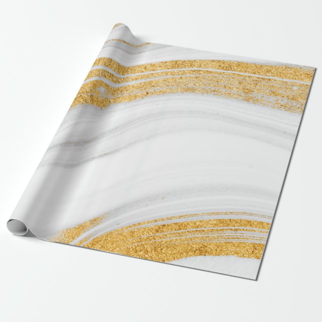 Papier Cadeau Marbre blanc tendance cool texture paillettes doré (Déroulé)