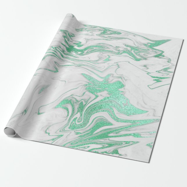 Papier Cadeau Marbre blanc vert Mint Silver Gris brillant (Déroulé)