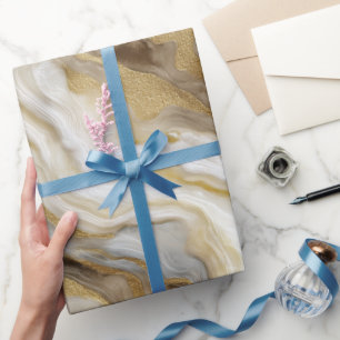 Papier Cadeau Marbre de Luxe Or Blanc Harmonie Motif Abstrait