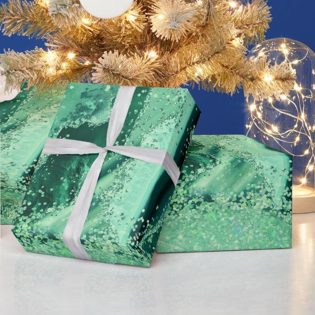 Papier Cadeau Marbre de pierre précieuse de luxe Vert pailleté A (Vacances)