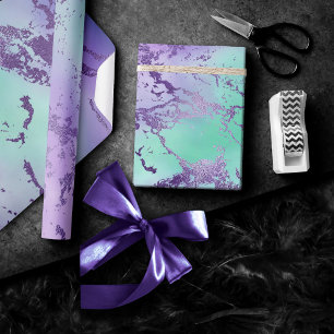 Papier Cadeau Marbre Élégant   Lavande Violet et Vert Menthe